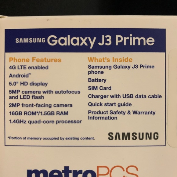 Samsung Galaxy J3 Prime 16G In Box USED CONDITION MetroPCS cell smart phone - Picture 3 of 9